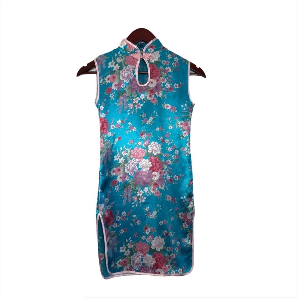 Blue Floral Satin Short Sleeve Mini Dress